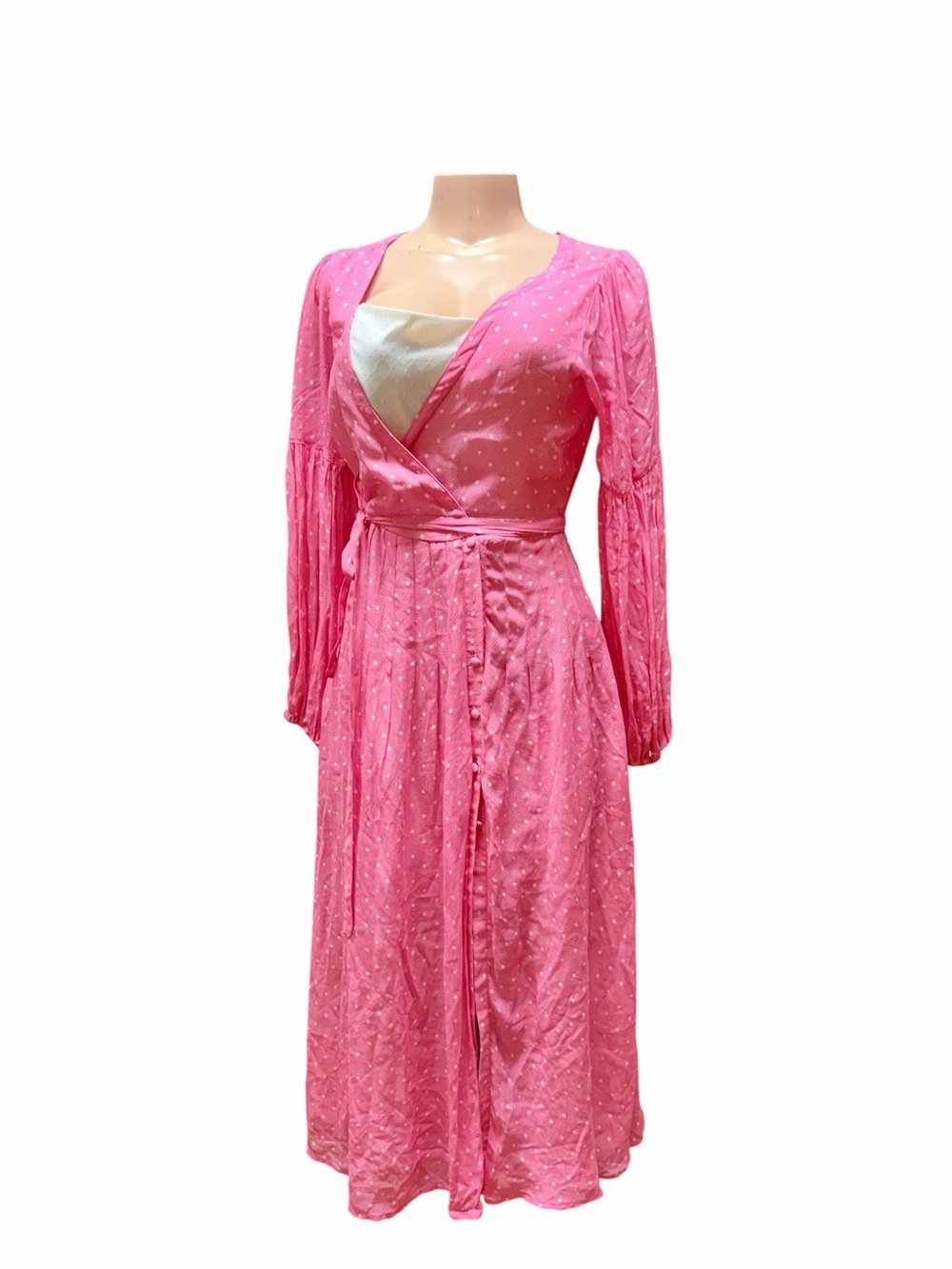 LoveShackFancy Pink Polka Dot Wrap Midi Dress